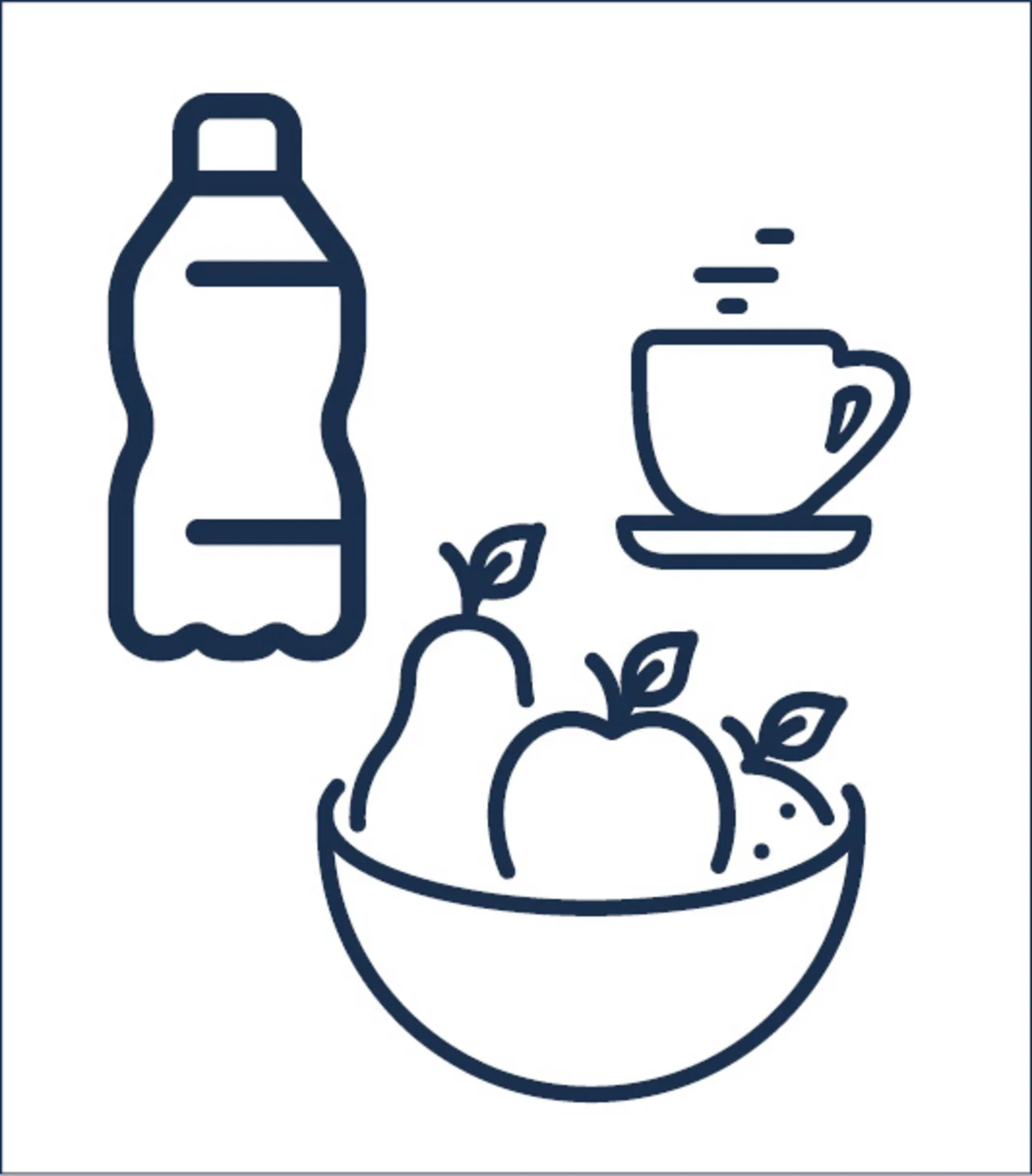 Energiekick, Grafik von einer Obstschale, einer Wasserflasche und einer Kaffeetasse. - Energiekick, Grafik von einer Obstschale, einer Wasserflasche und einer Kaffeetasse.